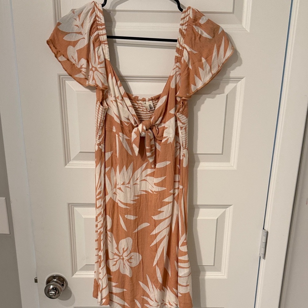 Roxy Peach White Tropical Tie-Front Mini Dress BEACH BOHO FLOWY M MEDIUM SPRING